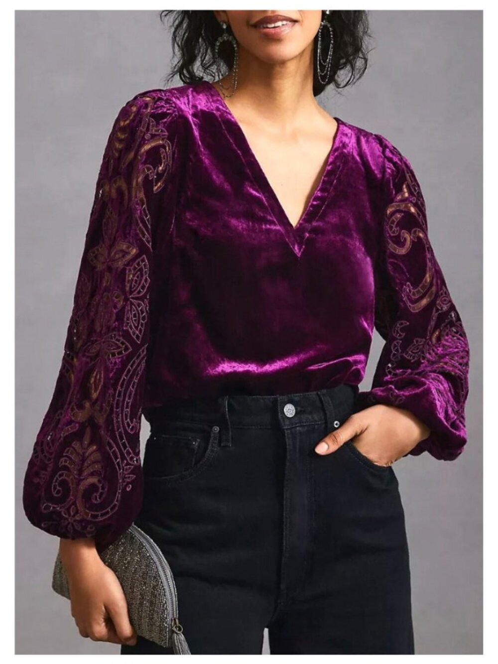 By Anthropologie Cutwork V-Neck Long Sleeve Blouse Size S Purple Velvet
